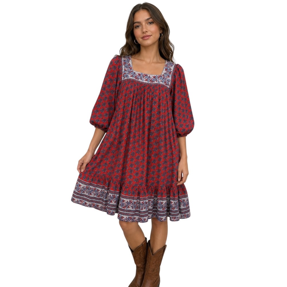 Vintage Ramona Rull Red Floral Prairie Dress P Puff Sleeve Boho Cottagecore